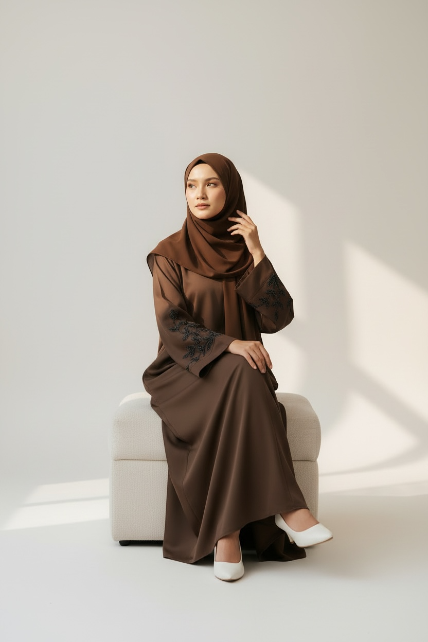 Side profile of Noir Vine Chocolate Abaya by Simply Zida – elegant embroidered abaya UK