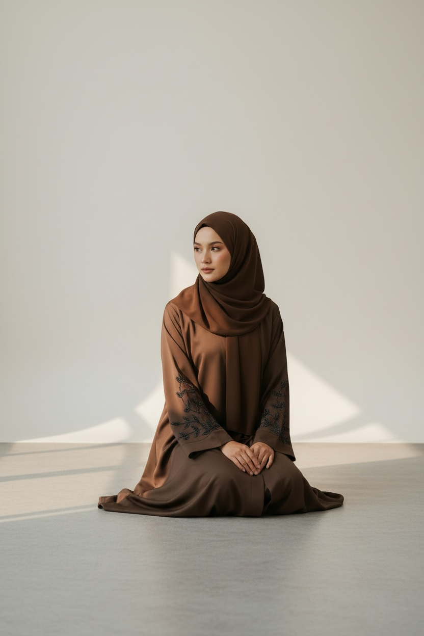 Side profile of Noir Vine Chocolate Abaya by Simply Zida – elegant embroidered abaya UK