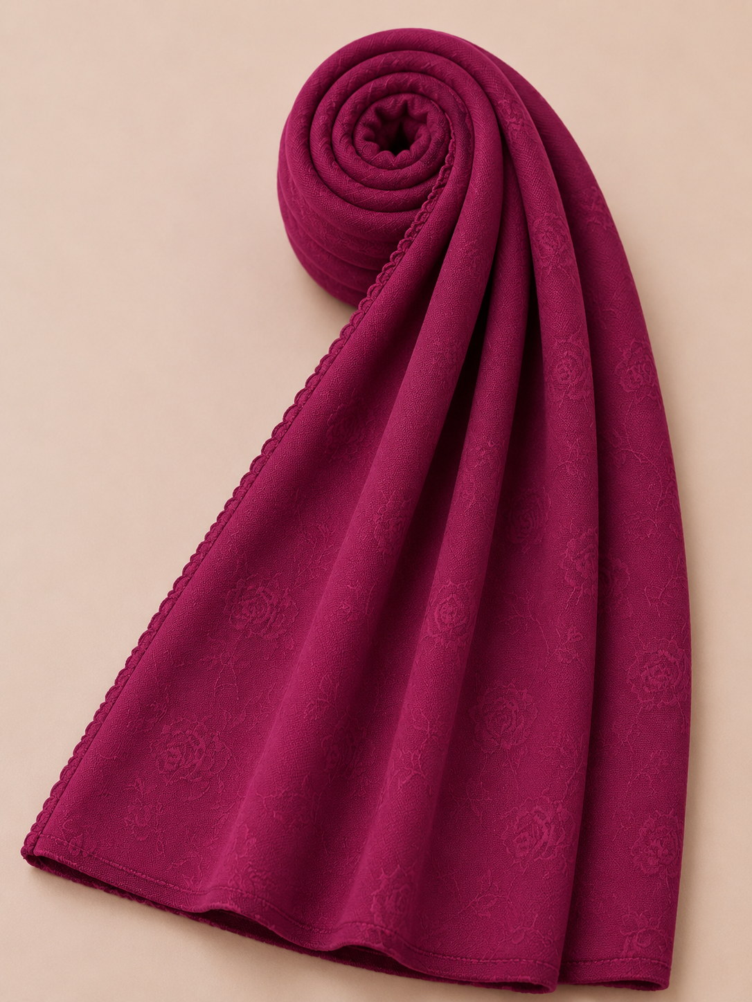 Premium berry rose floral jacquard hijab with elegant tonal pattern detailing by Simply Zida