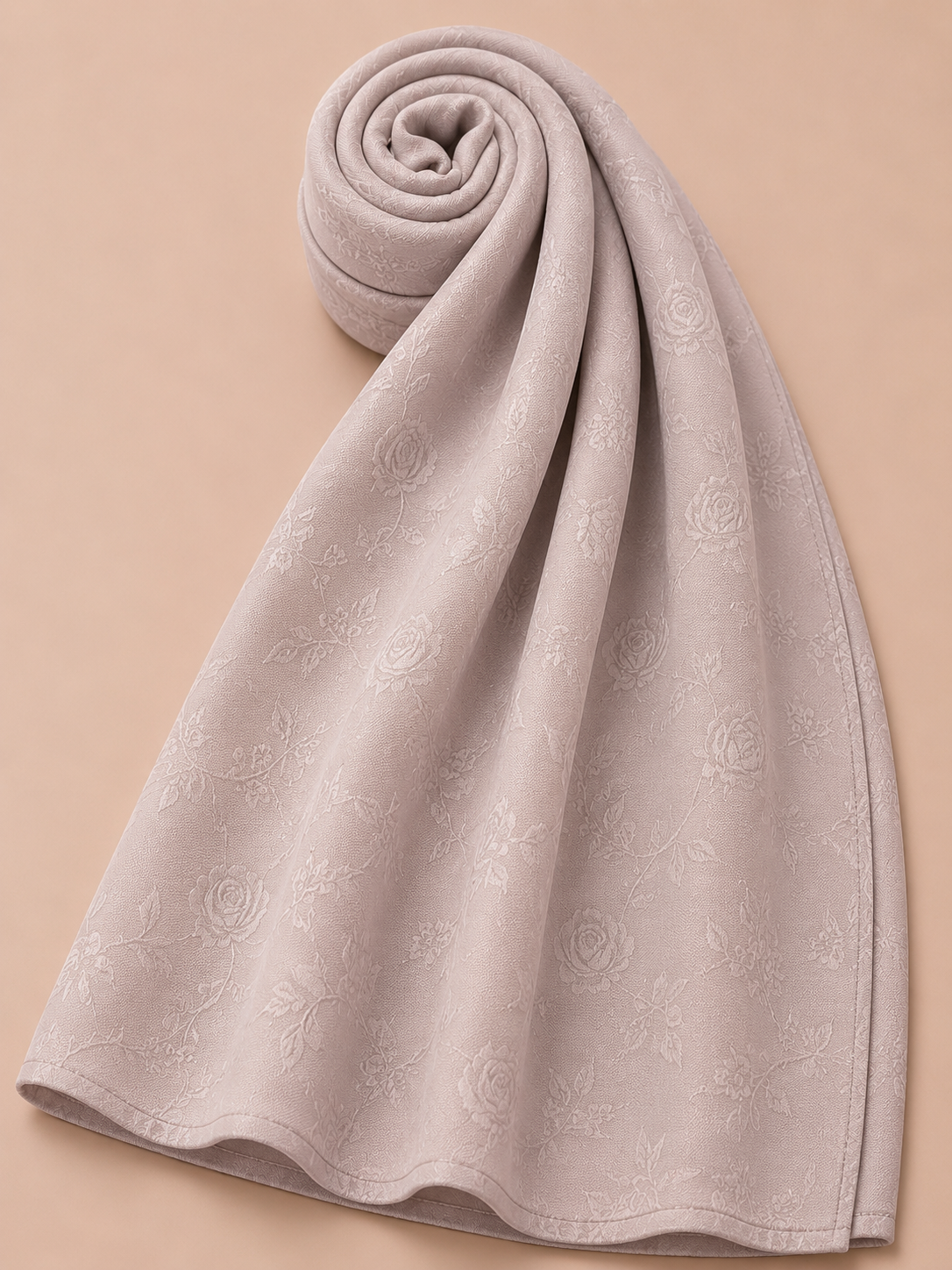Premium blush nude floral jacquard hijab with elegant tonal pattern detailing by Simply Zida