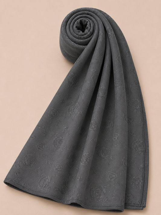 Premium charcoal grey floral jacquard hijab with elegant tonal pattern detailing by Simply Zida
