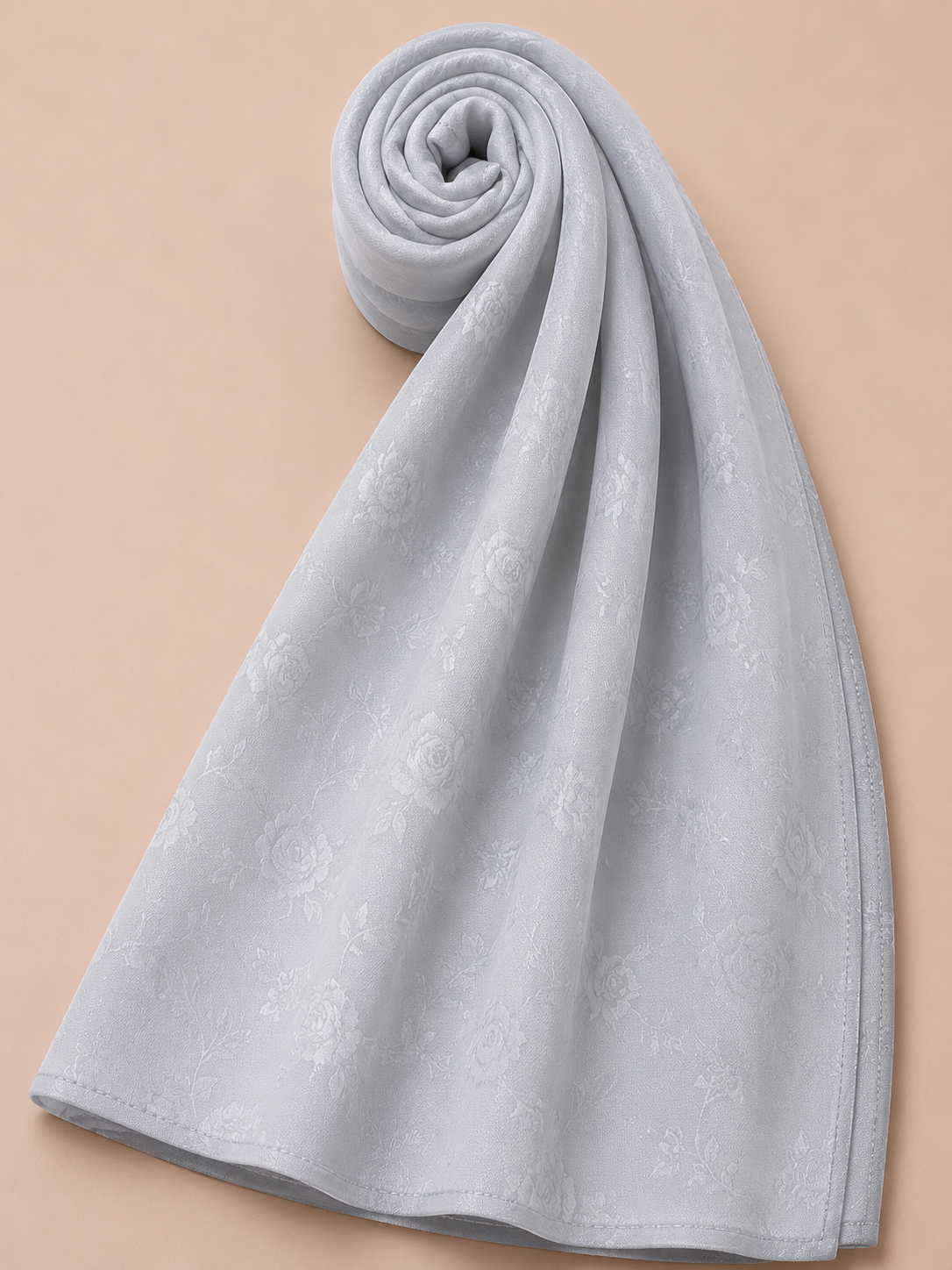 Premium ice grey floral jacquard hijab with elegant tonal pattern detailing by Simply Zida