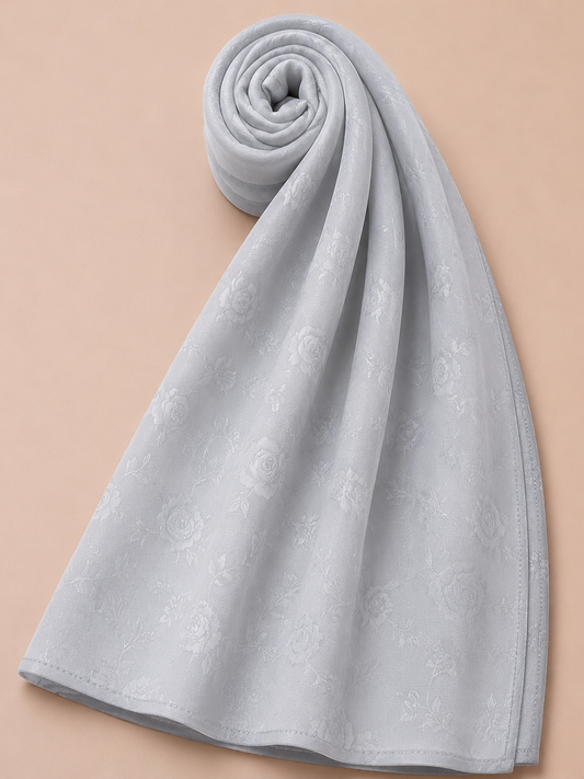Premium ice grey floral jacquard hijab with elegant tonal pattern detailing by Simply Zida