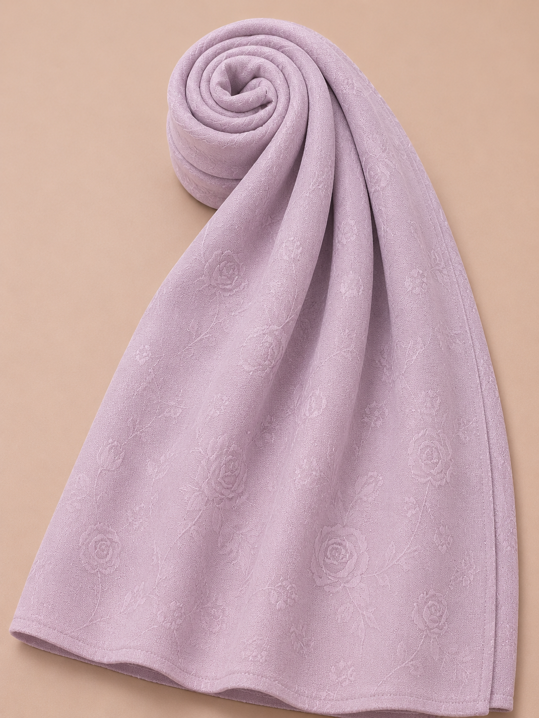 Premium soft lilac floral jacquard hijab with elegant tonal pattern detailing by Simply Zida