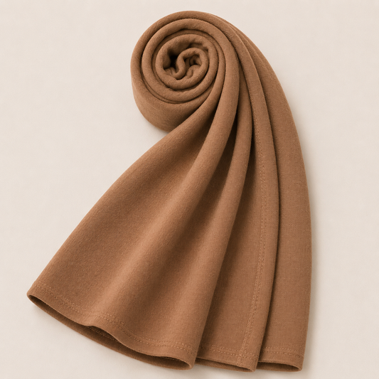 Premium caramel brown jersey hijab with soft stretch fabric and stitched edge detailing by Simply Zida