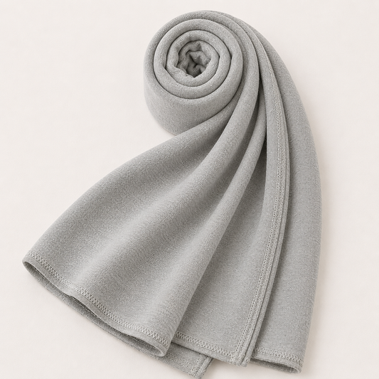 Premium light grey jersey hijab with soft stretch fabric and stitched edge detailing by Simply Zida