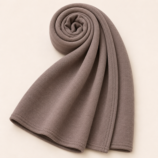 Premium mink taupe jersey hijab with soft stretch fabric and stitched edge detailing by Simply Zida