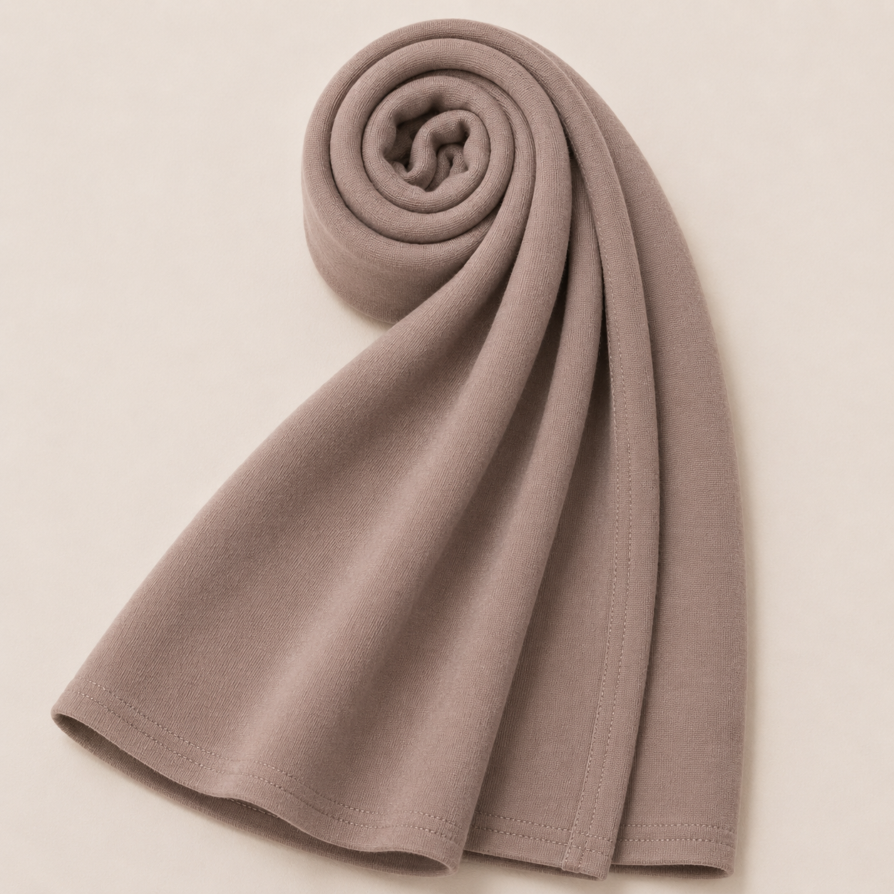 Premium mocha beige jersey hijab with soft stretch fabric and stitched edge detailing by Simply Zida