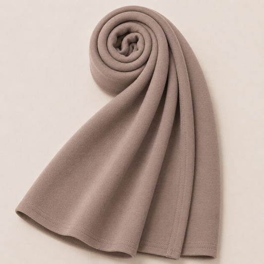 Premium mocha beige jersey hijab with soft stretch fabric and stitched edge detailing by Simply Zida