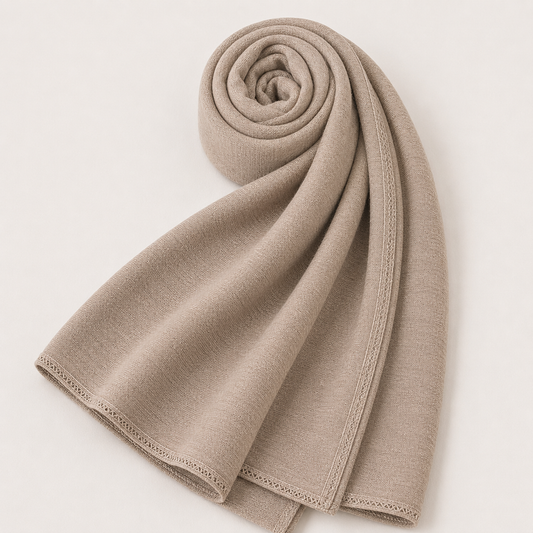 Premium taupe beige jersey hijab with soft stretch fabric and stitched edge detailing by Simply Zida