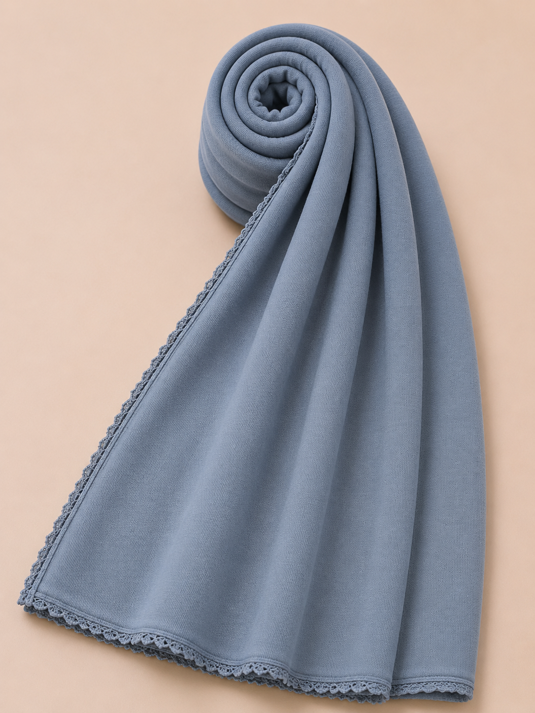 Premium dusty blue lace edge jersey hijab with soft stretch fabric and delicate lace trim detailing by Simply Zida