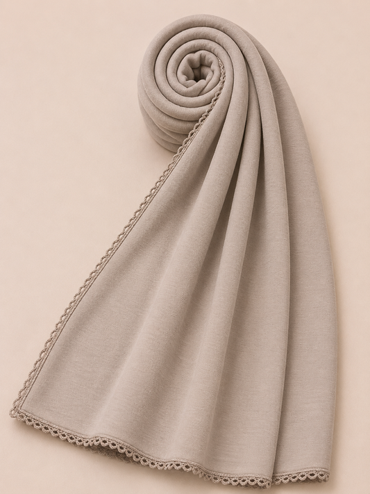 Premium nude beige lace edge jersey hijab with soft stretch fabric and delicate lace trim detailing by Simply Zida