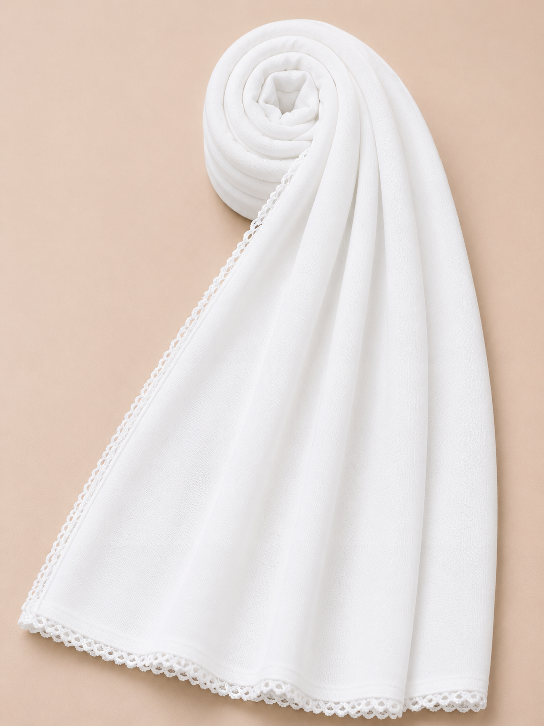 Premium pure white lace edge jersey hijab with soft stretch fabric and delicate lace trim detailing by Simply Zida