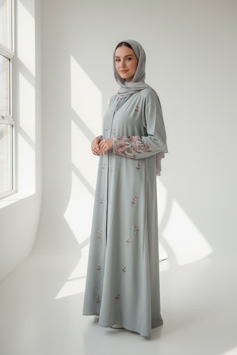 Front view of Sage Blossom Embroidered Abaya by Simply Zida with floral sleeve embroidery