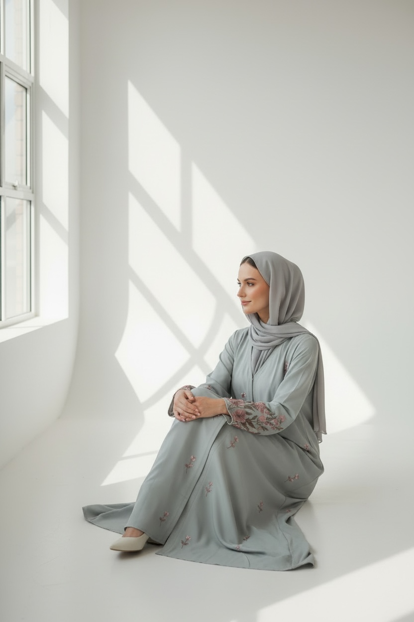 Sage Blossom Embroidered Abaya by Simply Zida in sage green – luxury modest wear UK