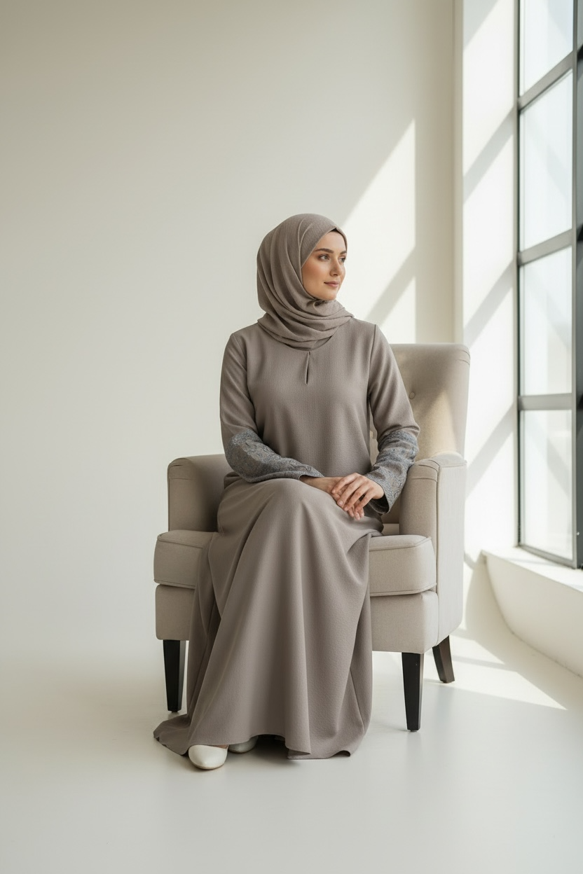 Sitting view of Sahara Stone Elegance Abaya by Simply Zida – luxury neutral modest wear UK