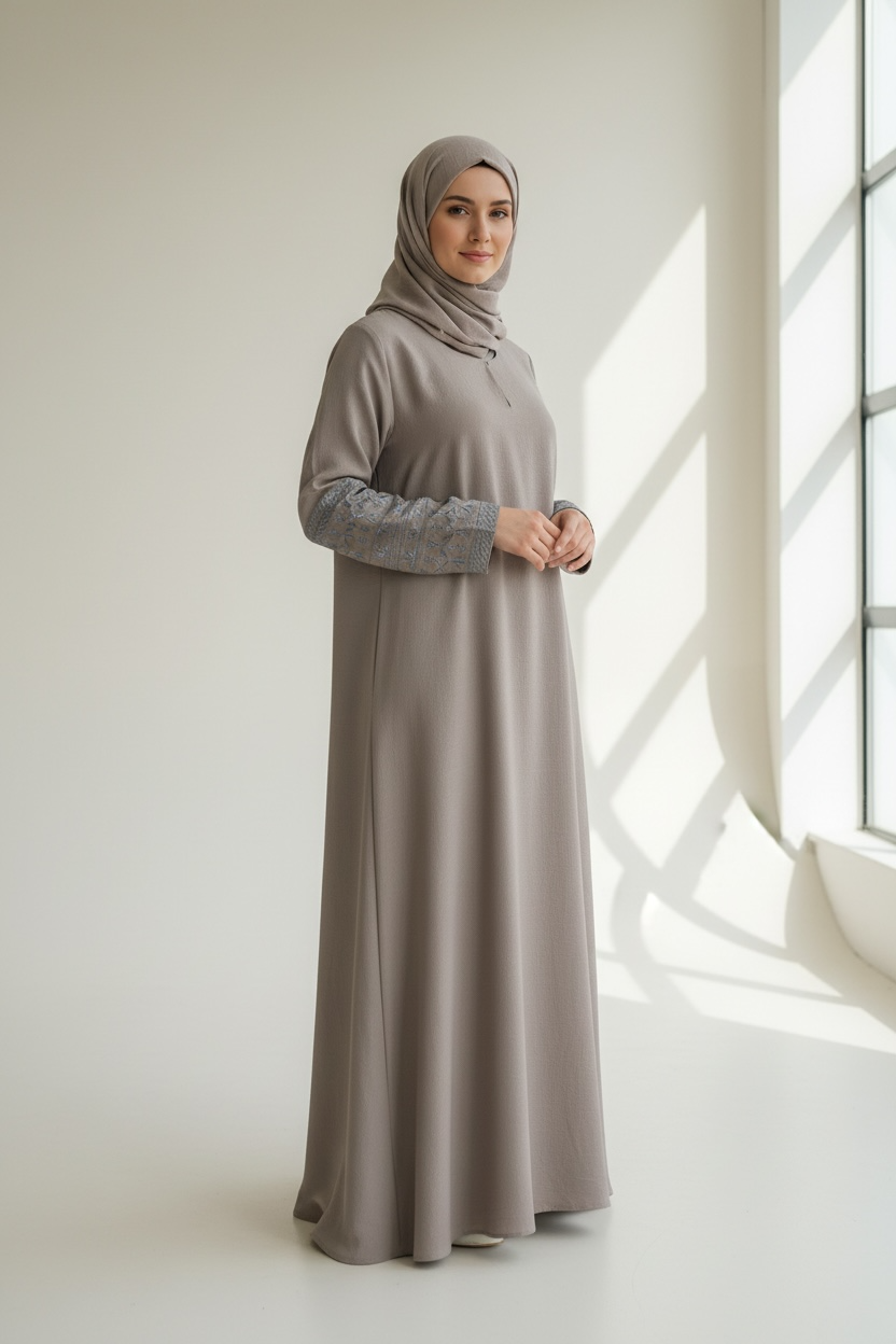 Sahara Stone Elegance Abaya by Simply Zida in neutral stone colour with embroidered cuffs – luxury modest wear UK