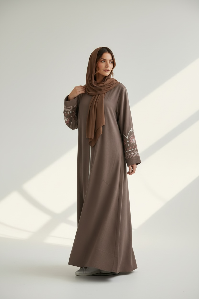 Front view of Sienna Bloom Open Abaya by Simply Zida – luxury brown embroidered open abaya UK