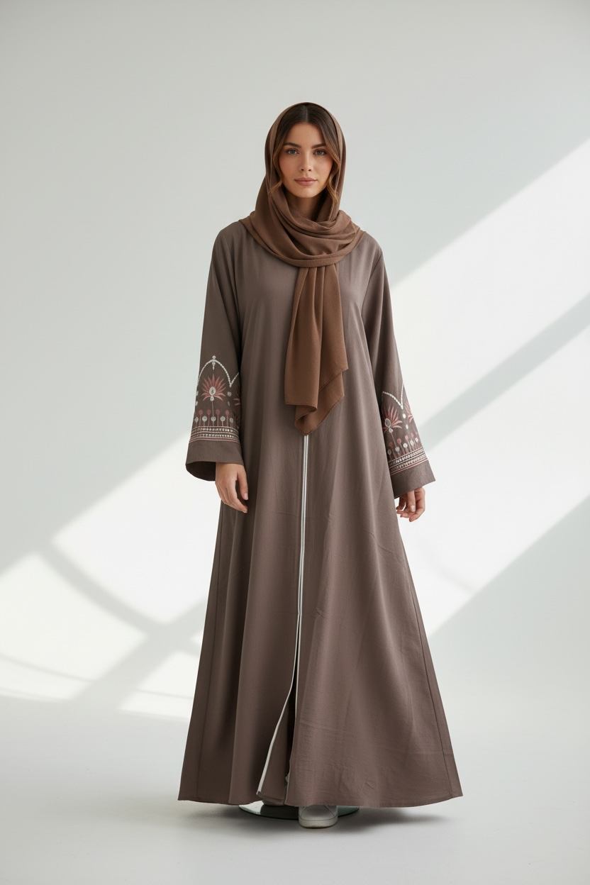 Full length angle of Sienna Bloom Open Abaya by Simply Zida in brown