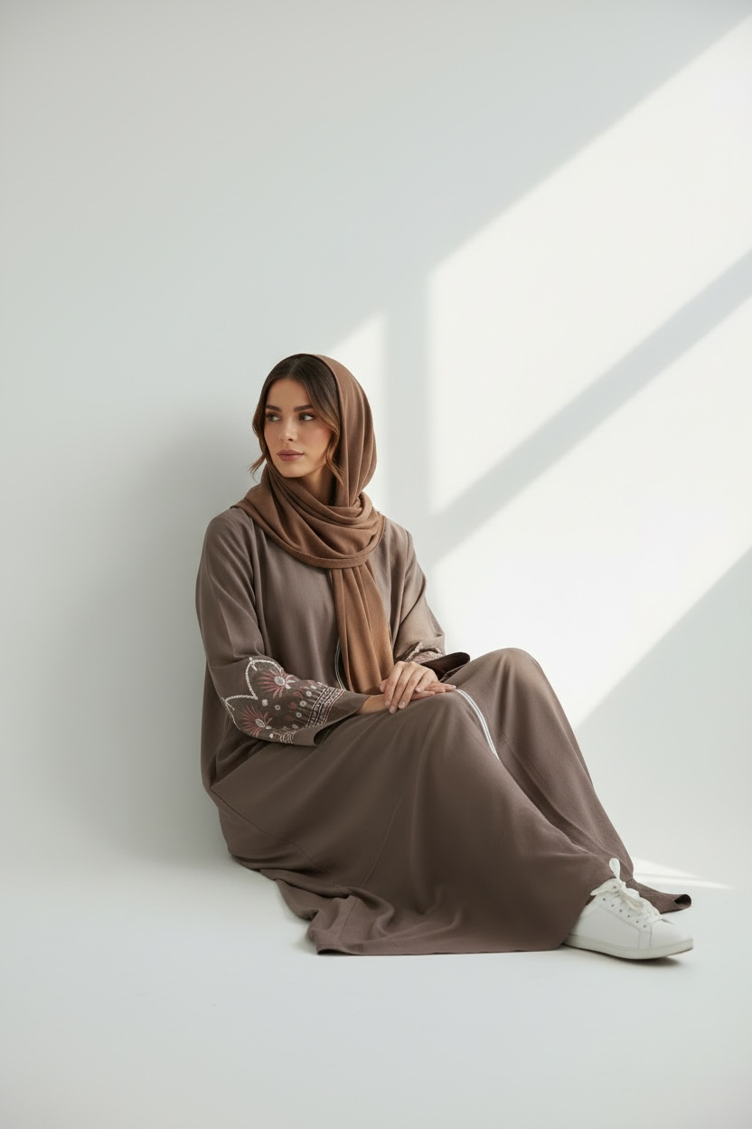 Sitting angle of Sienna Bloom Open Abaya by Simply Zida in brown