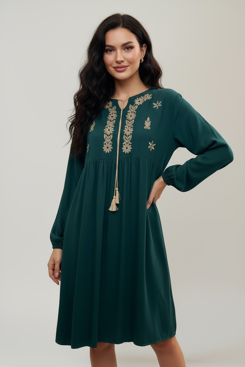 Emerald green embroidered modest dress with gold floral detail
