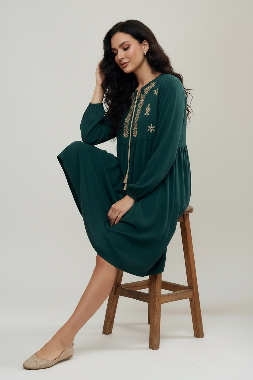 Emerald green long sleeve modest dress with relaxed fit