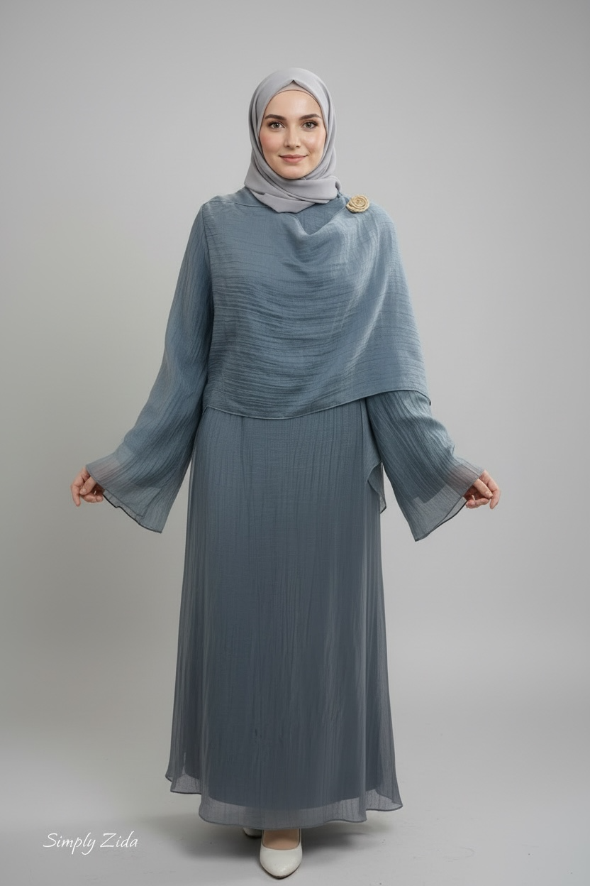 Full length frosty blue chiffon abaya dress with flowing silhouette