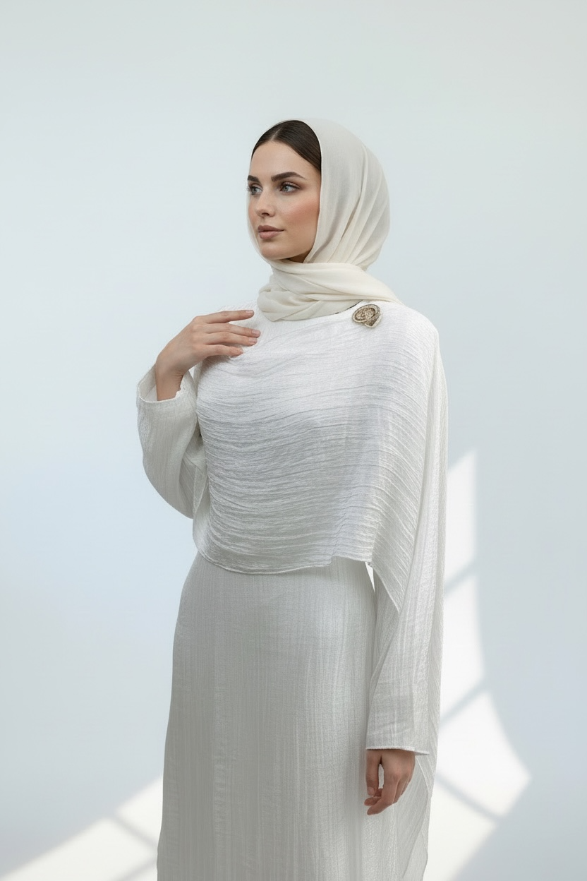 Close up of white textured abaya fabric with gold brooch shoulder detail