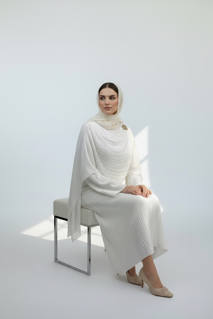 White two piece draped abaya set with textured chiffon fabric and gold brooch detail by Simply Zida