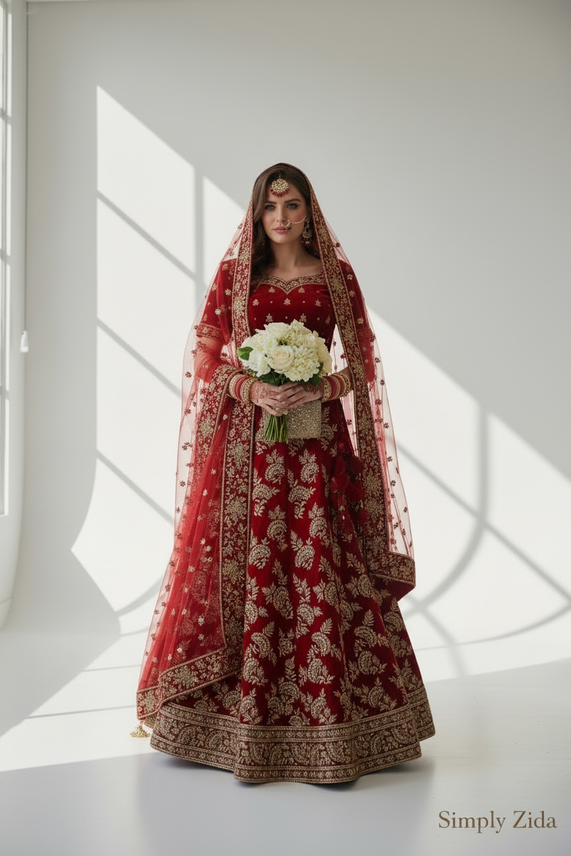 Bride styled in red embroidered lehenga with veil and gold jewellery holding bouquet