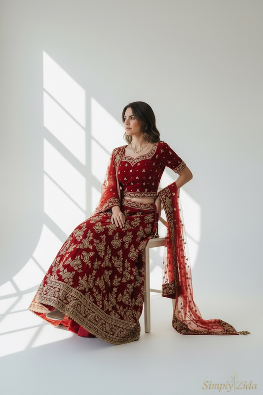Elegant red bridal lehenga set with gold detailing and traditional dupatta drape