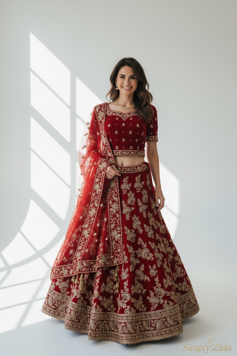 Woman wearing deep red bridal lehenga with gold embroidery and matching net dupatta front view