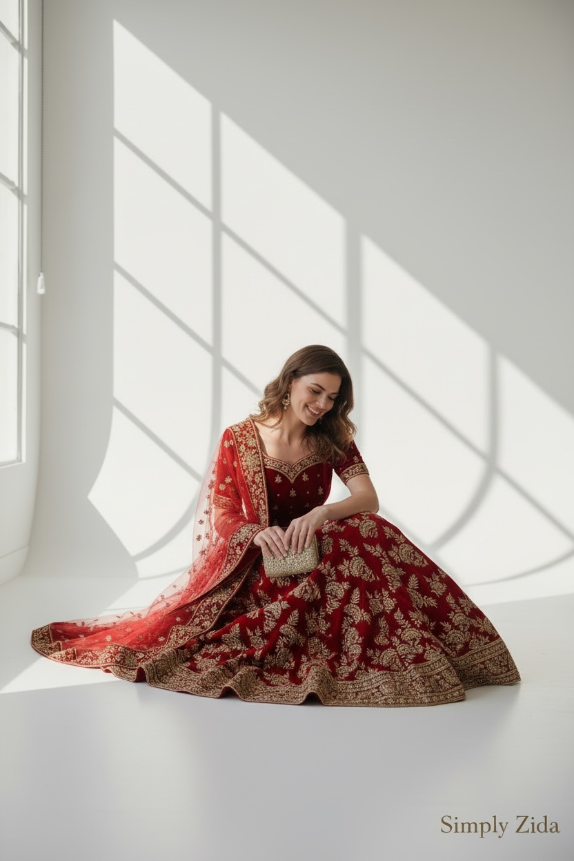 Red and gold bridal lehenga with detailed embroidered skirt and dupatta seated pose