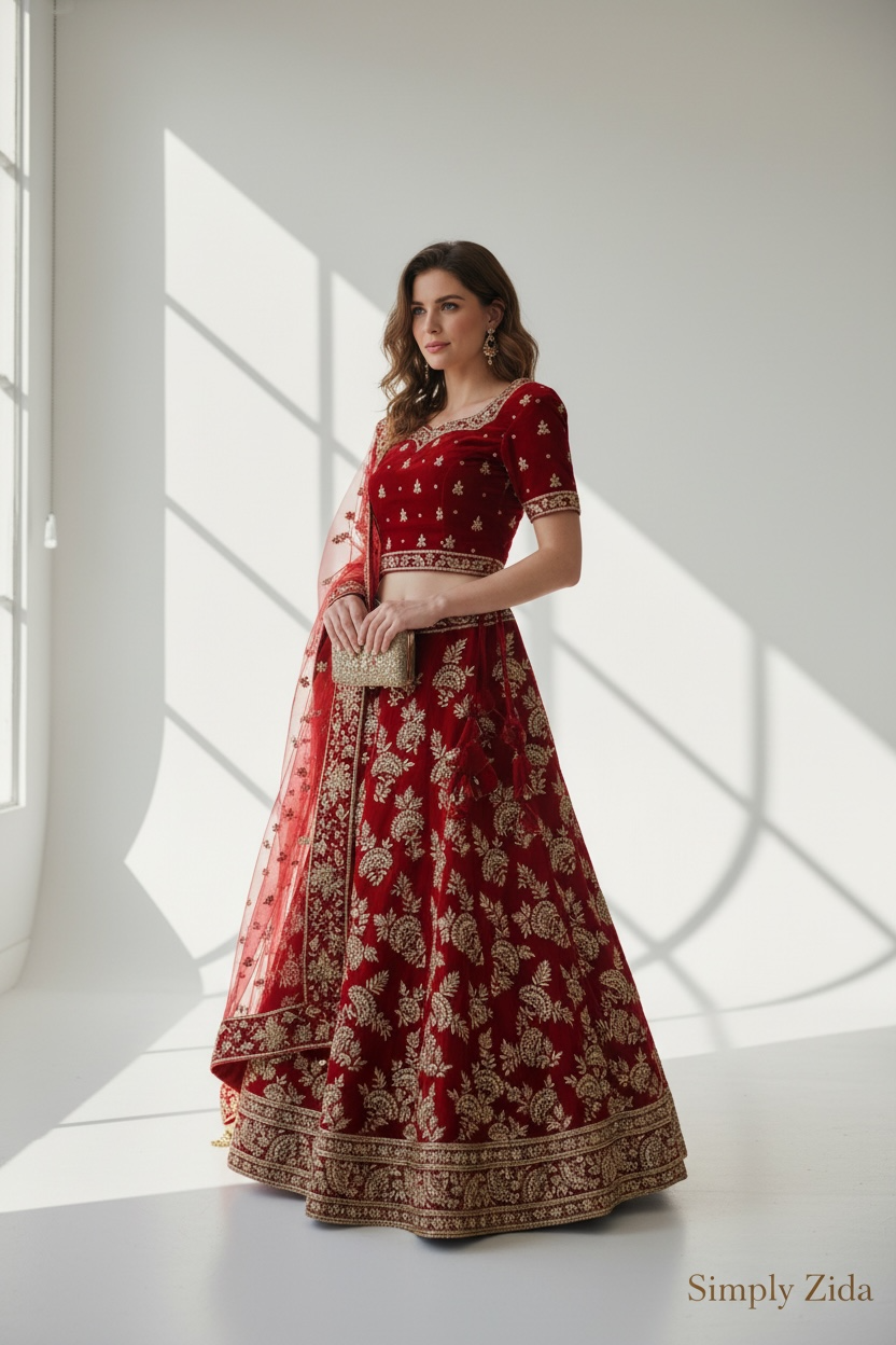 Side view of red bridal lehenga with gold floral embroidery and embroidered dupatta